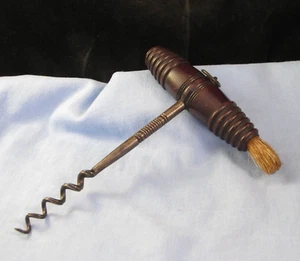 VICTORIAN ANTIQUE FRUIT WOOD STEEL ENGLISH CORKSCREW BRUSH WINE BOTTLE c1840s - Picture 1 of 15