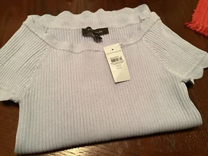 Ann Taylor XXS Petite Light Blue Ribbed Scalloped Open Neck Top, 20” Long - NWT - Picture 1 of 3