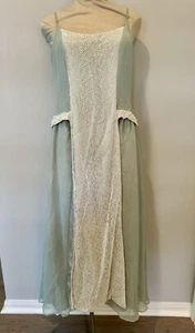 Handmade Midi Dress Vintage 90s XL Strap Flow Silk Lined Light Green & Off White - Picture 1 of 13