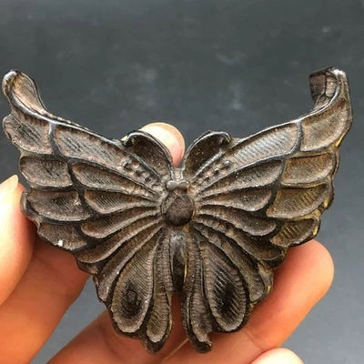Rare China Black Magnet Old Jade Carved *Butterfly* Pendant N48 - Image 1 of 4