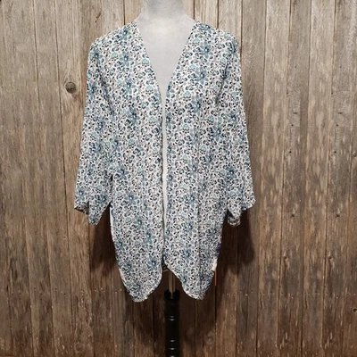 Blusa Top H&M Dividida M Kimono Azul Blanco Floral Paisley Boho Fluido Cubrir Foto 1 de 4