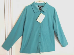 Denim & Co Womens Blouse 1X Plus Blue Green Button Up Shirt Top Long Sleeve - Picture 1 of 3