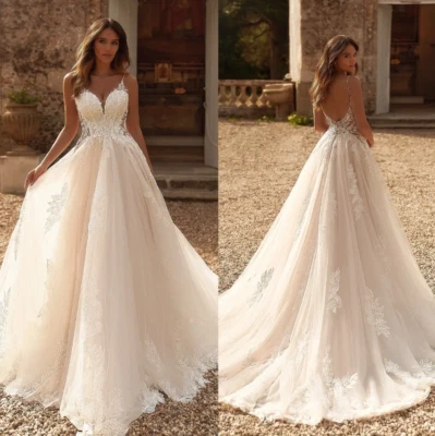 Gorgeous Lace Wedding Dresses Bridal Gowns Spaghetti Wedding Dress Tulle Custom - Image 1 of 4