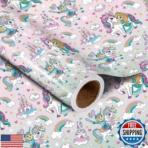 LeZakaa Pink Birthday Wrapping Paper Roll for Girls, Pink Unicorn and Castle, - Picture 1 of 5