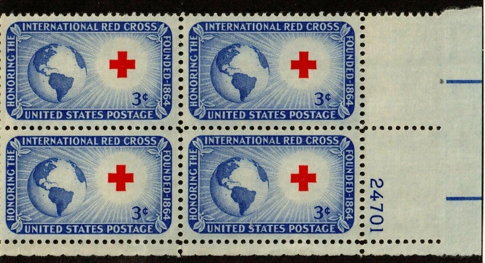 Scott 1016 3¢ Red Cross Plate Block of 4 MNH Free Shipping - Image 1 of 1
