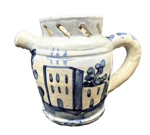 Antique Faience Puzzle Jug Novelty Pitcher Glazed Earthenware Drinking Vessel - Picture 1 of 21
