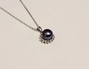 GENUINE BLACK PEARL & DIAMOND HALO PENDANT IN 14K WHITE GOLD - Picture 1 of 7
