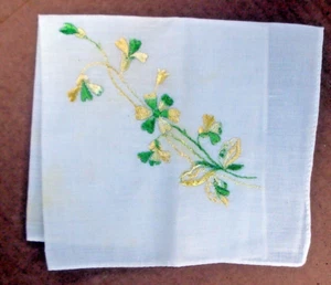Ladies Embroidered Hankie White w/ Green Yellow Vtg Handkerchief 10.5" Square - Picture 1 of 3