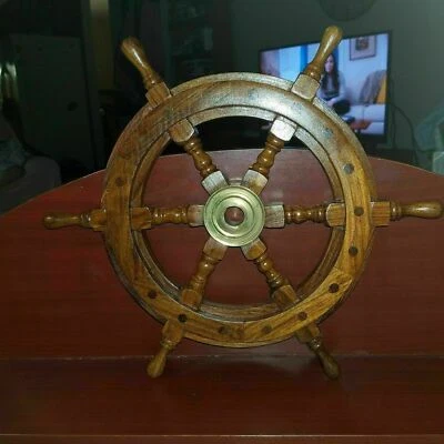 18" Brass Nautical Boat Ship Wheel Brown Wooden Steering Wheel Wall Décor Gift - Image 1 of 2
