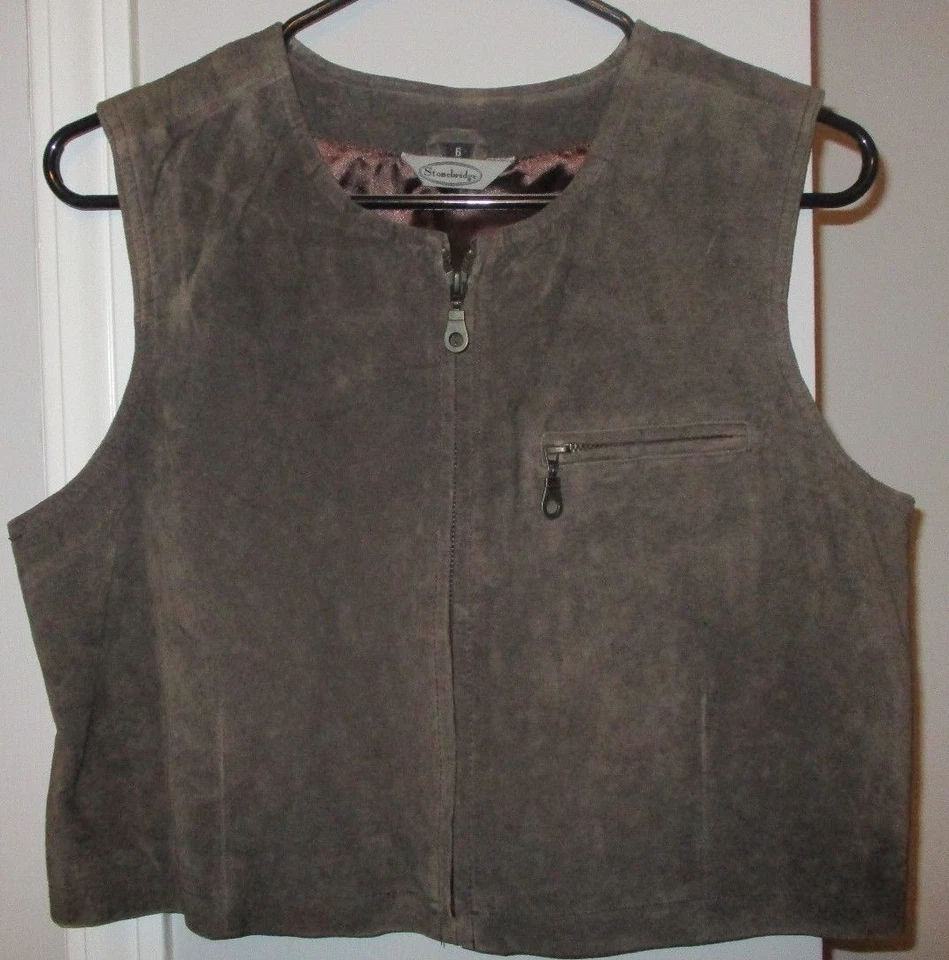 CHALECO DE CUERO DE GAMUZA MARRÓN USADO EN EXCELENTE ESTADO STONEBRIDGE con cremallera frontal Talla 6 ~ Totalmente forrado Foto 1 de 4