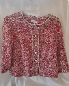 Chaqueta forrada Susan Graver, tweed rojo talla 8 con botones de perlas/borde de flecos - Imagen 1 de 17