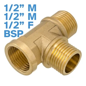 Brass 1/2" MMF Male Female BSP 3 Way Tee Splitter Fitting Pipe Connector - Foto 1 di 3