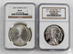 Lot of 2: 2001-P & D $1 Buffalo Silver Coins NGC MS69 & PF69 Ultra Cameo - Picture 1 of 4