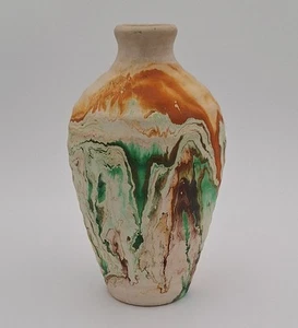 VTG Nemadji Swirl Ribbed Pottery Vase~Green Orange Black~8 1/2”  Made In USA - Picture 1 of 6