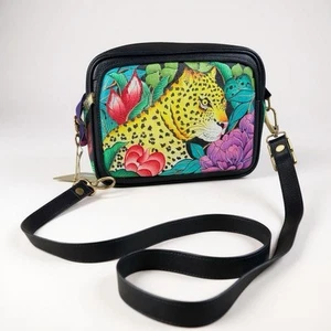 NWT Anushka leather Crossbody hand-painted jungle cat black - Picture 1 of 4