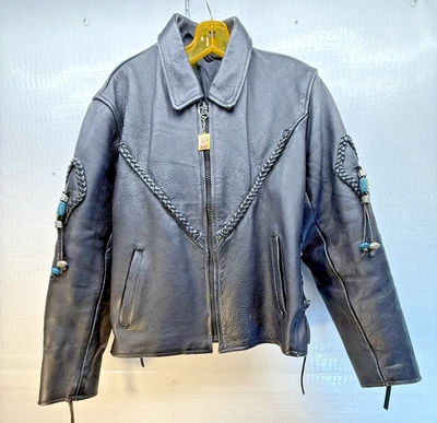 Vintage Leather Jacket Mens Medium Braided Fringe Western Beaded Motorcycle 90s - Image 1 of 4