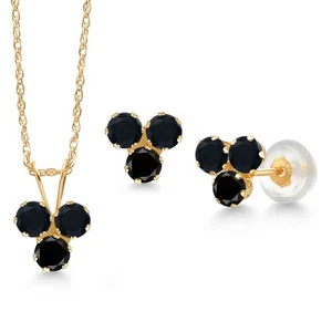 14K Yellow Gold Onyx and Black Diamond 3 Stone Pendant Earrings Set For Women - Picture 1 of 3