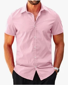 Mens Large Short Sleeve Dress Shirt Slim Fit Button Down Solid Stretch Casual - Picture 1 of 3