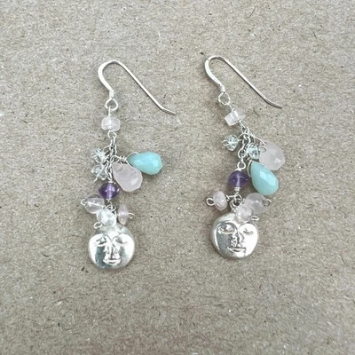 Pendientes colgantes de plata de ley 925 Sajen diseño de dije de cara de múltiples piedras preciosas Foto 1 de 4