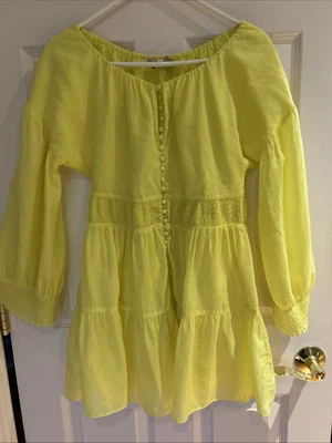 ALICE + OLIVIA Kiara Smocked Long Sleeve Off Shoulder Silk cotton Dress sz 0 yel - Image 1 of 4