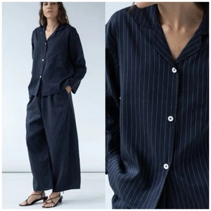 Shaina Mote The Pajama Dress Shirt In Blue Pinstripe Collared Deadstock Fabric M - Picture 1 of 7