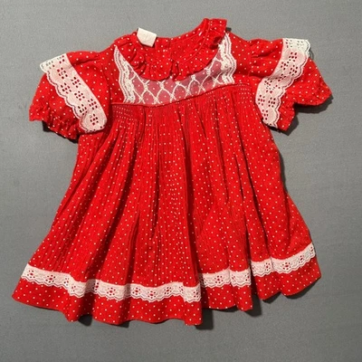 Vestido de bebé de colección Sears rojo a lunares con volantes de encaje manga corta talla 2T Foto 1 de 3