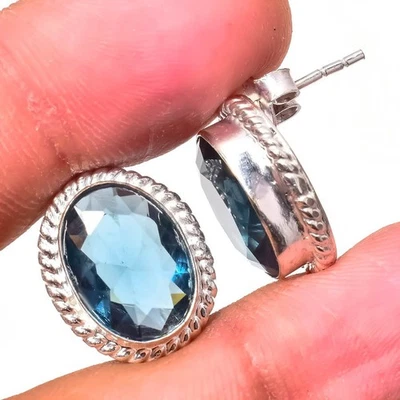 London Blue Topaz Gemstone 925 Sterling Silver Women Simple Stud Earrings - Image 1 of 4