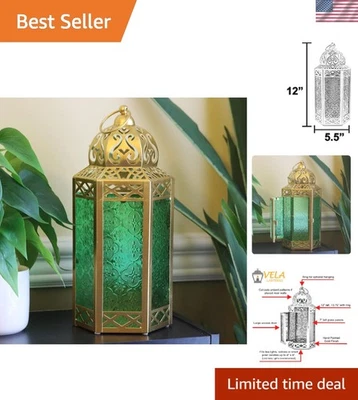 Captivating 12-Inch Moroccan Lantern - Gold & Green Glass for Exquisite Lighting - Image 1 of 4
