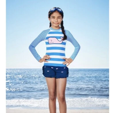 Vineyard Vines x Target Girls' Pink Whale Rashguard Blue/White Stripe Sz. XS 4/5 - Image 1 of 4