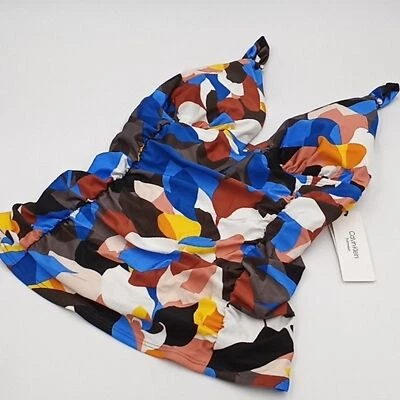 Top de natación acanalado estampado néctar mediano multicolor Calvin Klein Tankini para mujer Foto 1 de 4