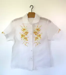 Vintage 1960s 1970s Short Sleeve White Linen Hand Embroidered Peasant Blouse - Picture 1 of 7