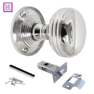 DOOR KNOBS SET Chrome Silver Handle SETS MORTICE REEDED SPRUNG Round Internal - Image 1 of 4
