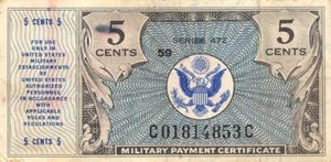 EE. UU. / MPC 5 centavos ND. Billete circulado M2 serie 472 placa 59 1947 - Imagen 1 de 2