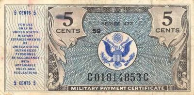 USA / MPC  5  Cents  ND. 1947  Series  472 Plate  59  Circulated Banknote M2 - Image 1 of 2