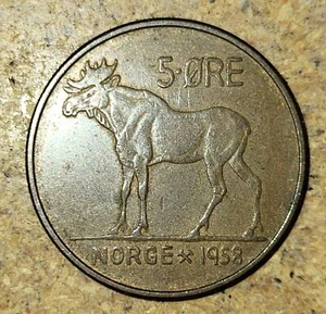 1958 NORWAY 5 ORE MOOSE OLAV V WORLD COIN - Picture 1 of 2