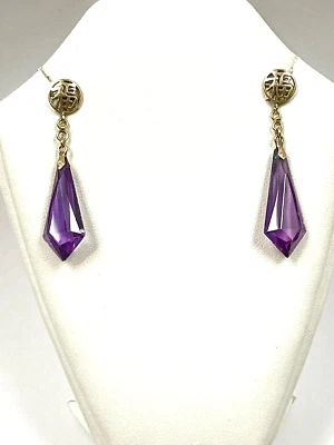 PENDIENTES COLGANTES ORO 14K SINTÉTICO CAMBIO DE COLOR ZAFIRO PÚRPURA PERSONAJES CHINOS Foto 1 de 4