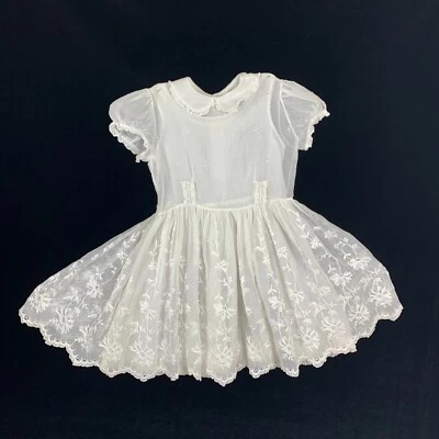 Vestido Vintage Niñas 5-6 Blanco Ojales Encaje Flor Niña Pascua Sagrada Comunión Foto 1 de 4