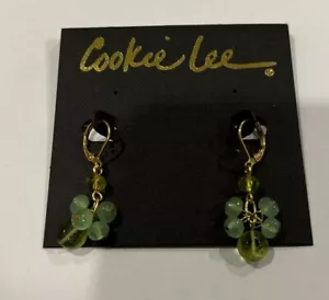 Cookie Lee Dangle Earrings Green Gold Tone Metal Leverback - Picture 1 of 3