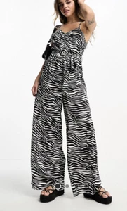 Wide Leg Jumpsuit By Influence Size 8 Satin Belted Black White Zebra Print MK76 - Picture 1 of 21