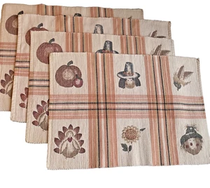 VTG Thanksgiving Placemats Orange Pilgrim Pumpkins Scarecrow Harvest Set of 4 - Picture 1 of 8