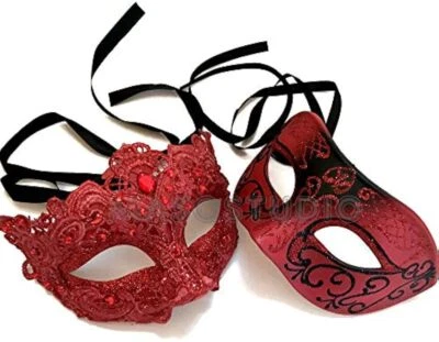 Red Lace Masquerade Ball Eye Mask Pair Christmas New Year Eve Costume Party prom - Image 1 of 2
