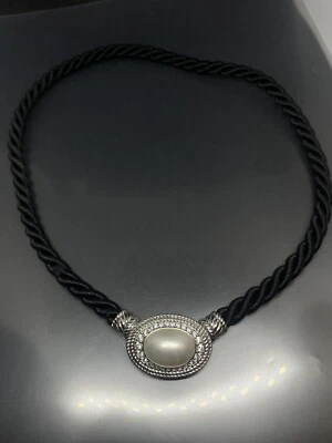 Judith Ripka Plata de Ley 925 Cuerda de Seda Negra Circonita Ovalada ¿Perla? "Collar 18"" LEER Foto 1 de 4