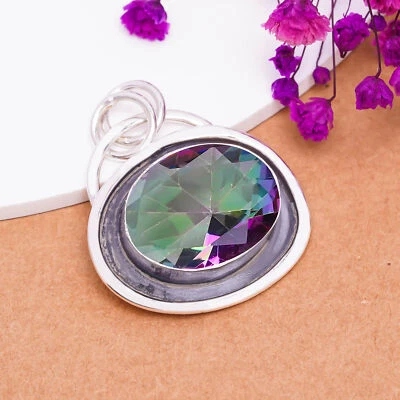 Colgante arco iris místico topacio fuego piedra preciosa sólida plata de ley 925 para mujer V8103 Foto 1 de 4