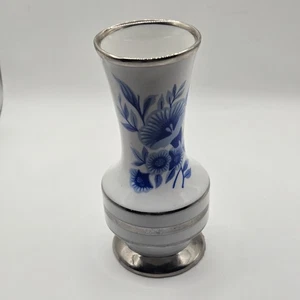 Vtg Rdo Mijas Signed Bud Vase Spanish Ceramic Blue & White Floral Metallic Trim - Picture 1 of 6