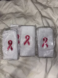 NIP 3 Pairs Breast Cancer Awareness Wristbands Pink & White Sweatbands - Picture 1 of 5