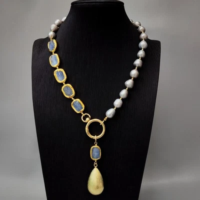 Juego de aretes collar colgante lágrima cianita azul perla gris agua dulce Foto 1 de 4