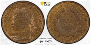 O14 Chile 1919-So 2 Centavos PCGS MS-63 Marrón - Imagen 1 de 3