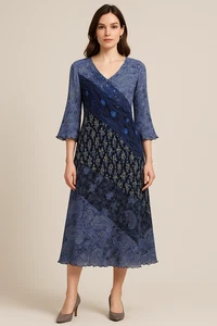 Vintage Eva blau Patchwork Kleid L Paisley Blumen Perlen Salat Rand Boho - Bild 1 von 12