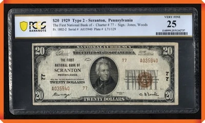 KC- Fr.1802-2 1929 $20 1st NB of Scranton , PA - Very Fine 25 PCGS Banknote - Image 1 of 3