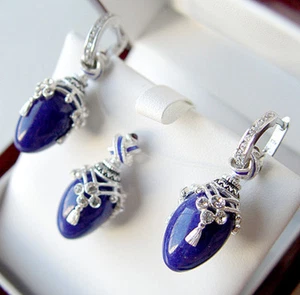 SALE ! SUPERB ENAMEL EGG PENDANT & EARRINGS SET STERLING SILVER GENUINE LAPIS - Picture 1 of 1